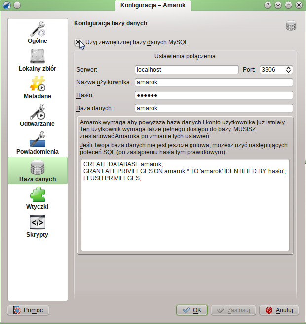 Konfiguracja amaroka i zewnętrznej bazy